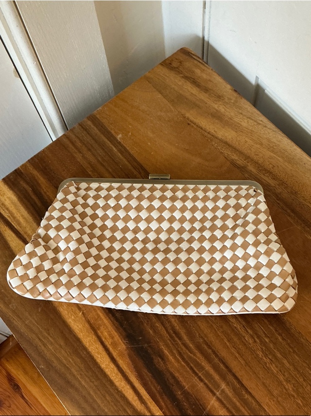 Adrienne Vittadini Woven Cream and Tan Clutch